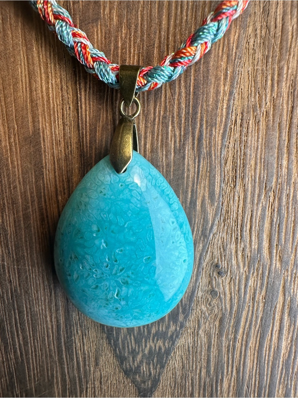 Handcrafted Green Coral Fossil Teardrop Pendant Necklace on Multicolor Rope - Picture 7 of 15